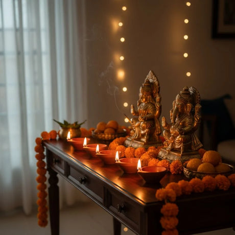 Decorative table with statues, candles, and marigold flowers in a warm indoor setting.
