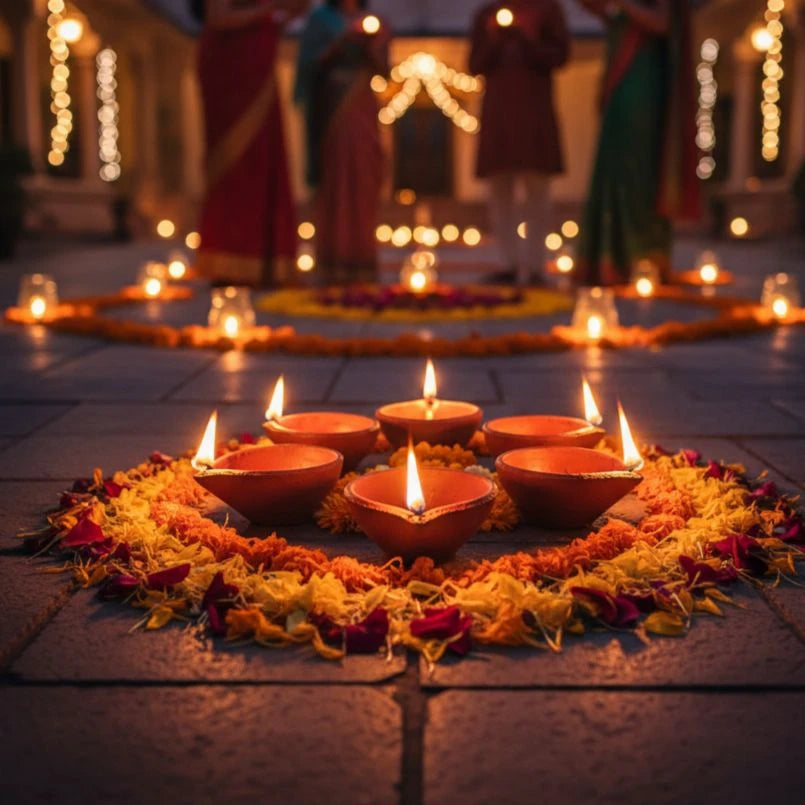 Candlelit diya arrangement on a stone pavement with blurred people and lights in the background