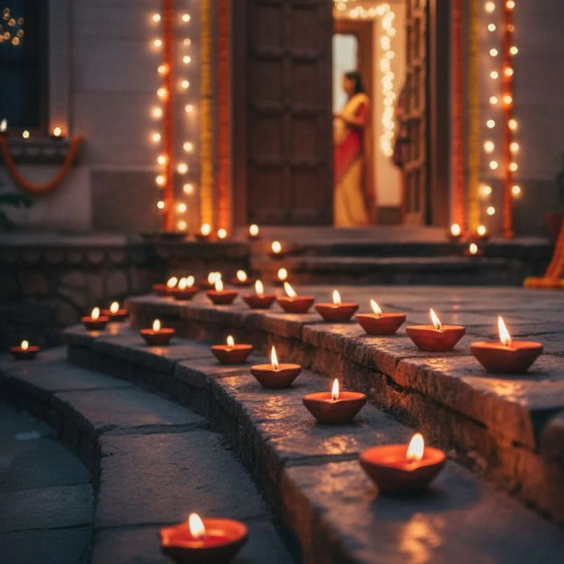 Candles lit on stone steps with string lights in the background
