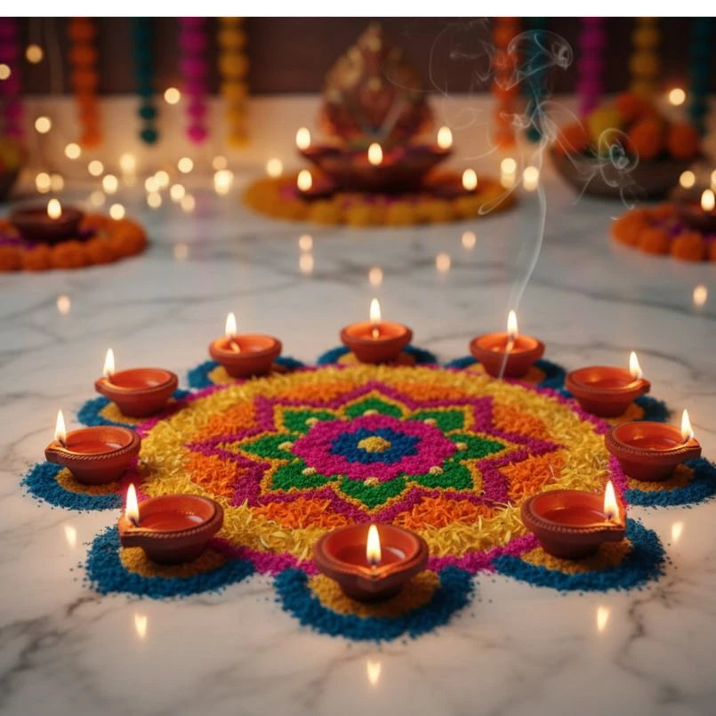 Decorative rangoli with colorful powder and lit candles on a marble surface, with Diwali decorations in the background.