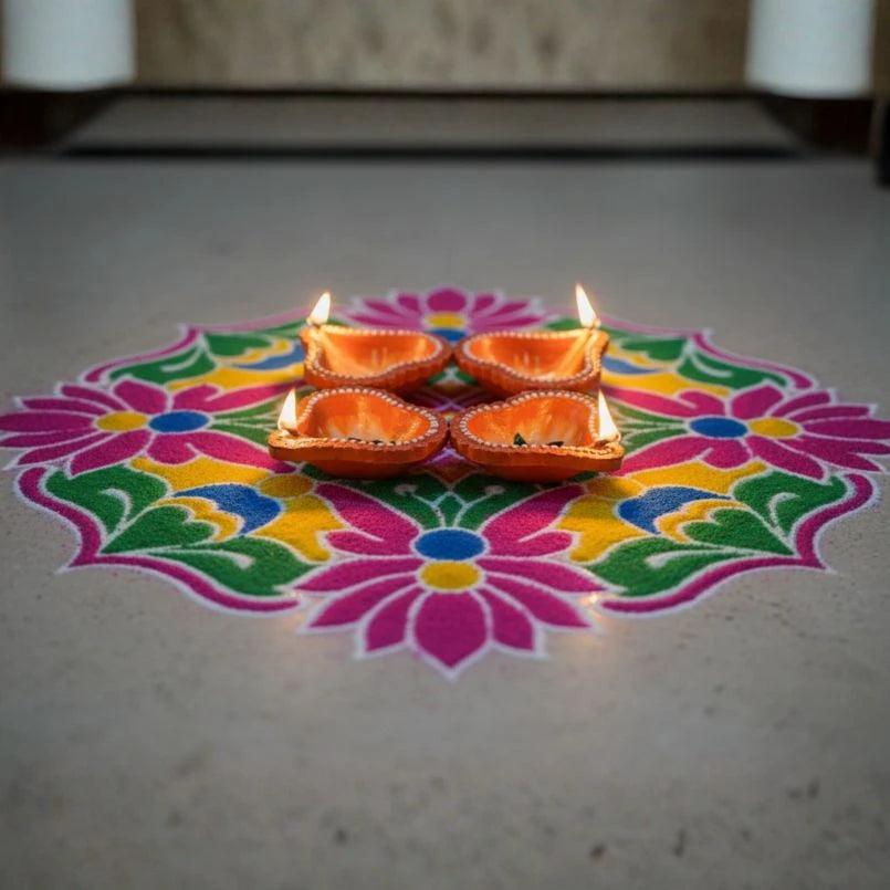 Decorative oil lamps with a colorful floral design on a surface