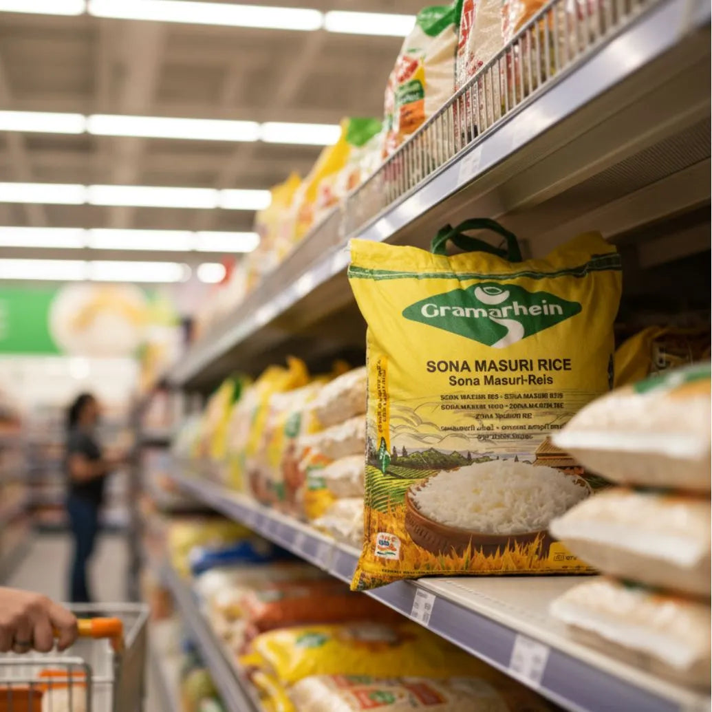 Grocery store aisle with a bag of Gramarheim Sona Masuri Rice on a shelf.