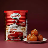 GRB Gulab Jamun packaging with a plate of gulab jamuns on a red background