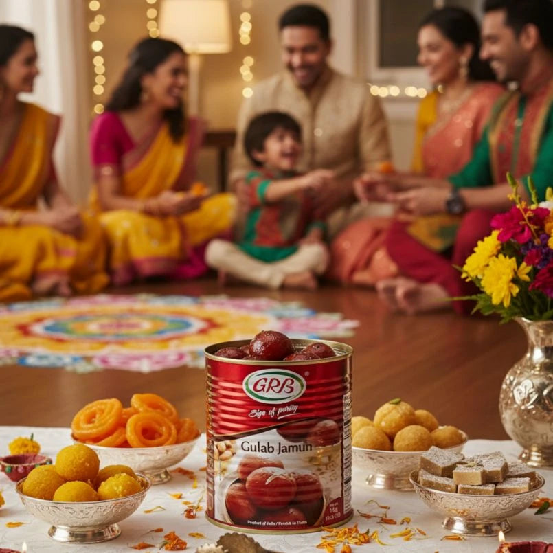 Family gathered around a table with a can of Gulab Jamun, colorful snacks, and a decorative rangoli.