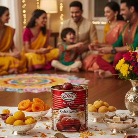 Family gathered around a table with a can of Gulab Jamun, colorful snacks, and a decorative rangoli.