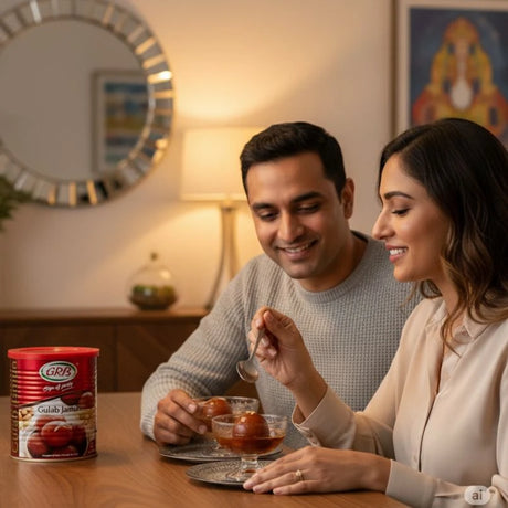 Man and woman enjoying a warm beverage together with a can of Goya at a cozy table.