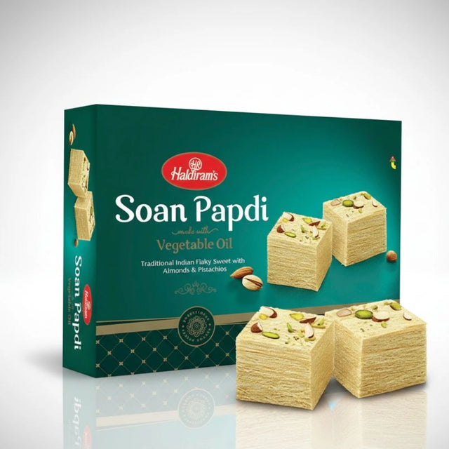 Box of Haldiram's Soan Papdi with a green background