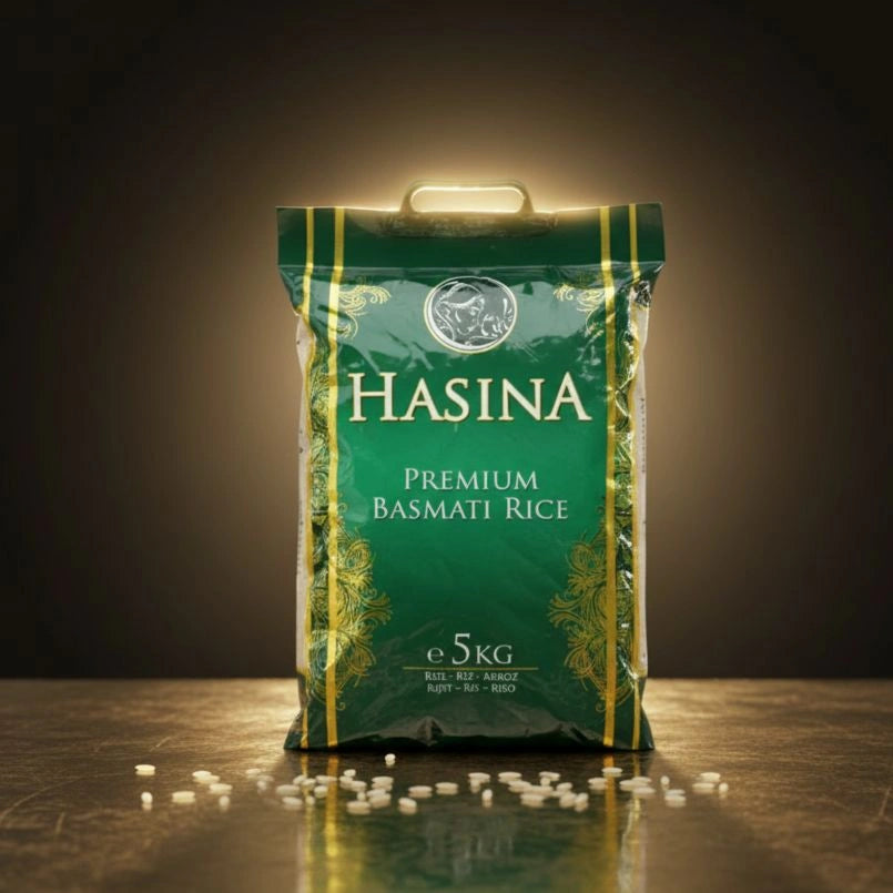Green bag of Hasina Premium Basmati Rice on a dark background