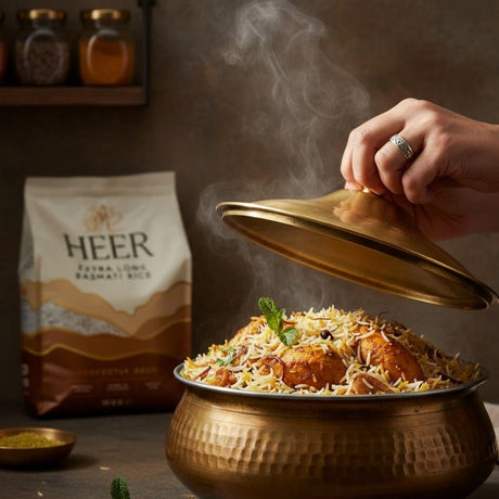 Steaming dish of biryani with a hand lifting the lid, Heer rice bag in the background
