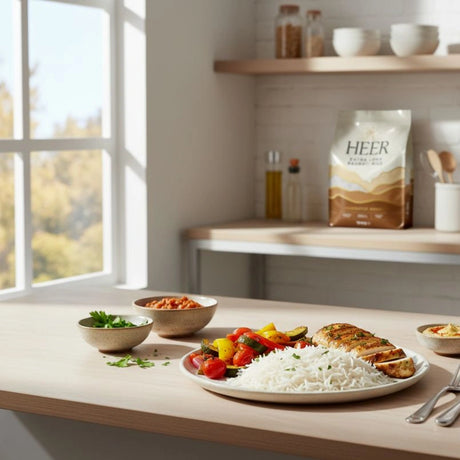 Dining table with a plate of food, including rice and vegetables, with a 'HEER' package in the background.