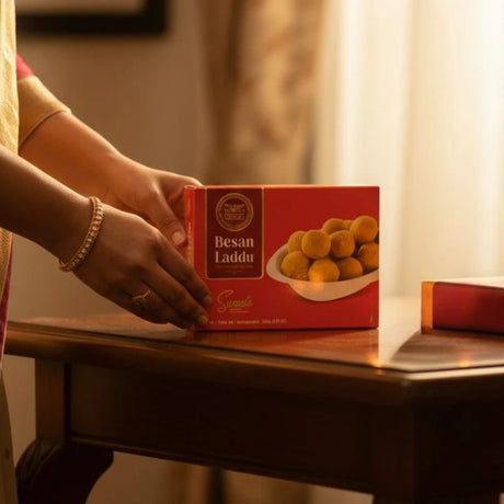 Person holding a box of Besan Laddu on a wooden table with a blurred background