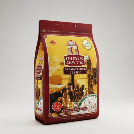 India Gate Basmati Rice Classic packaging on a white background