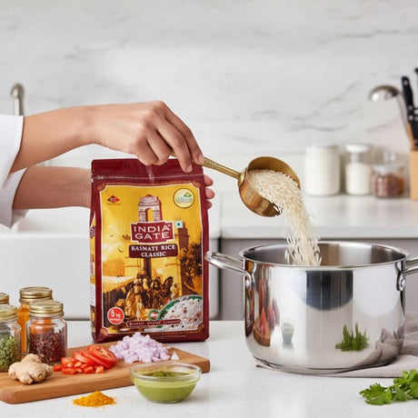 Person pouring India Gate Basmati Rice into a pot on a kitchen counter.