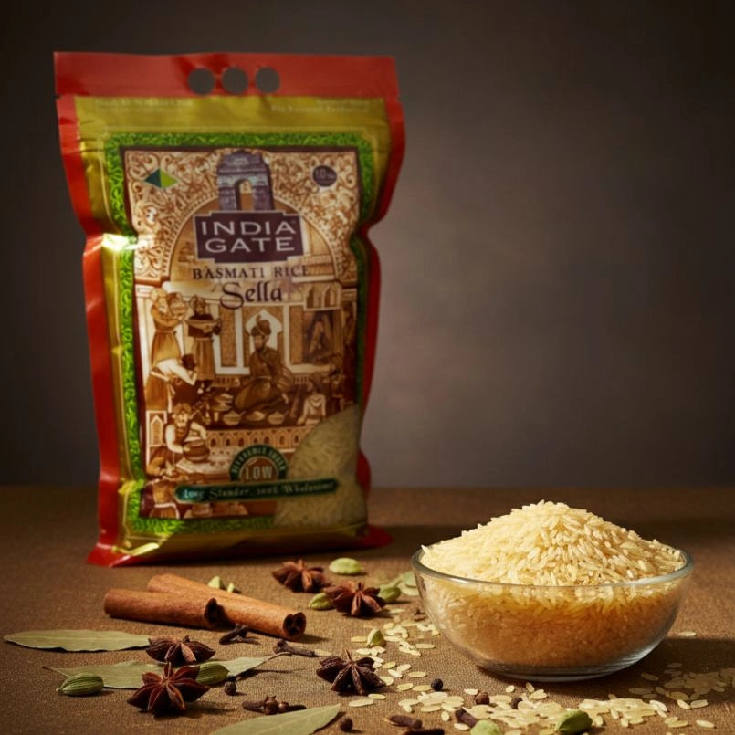 Bag of India Gate Basmati Rice with a bowl of rice and spices on a dark background