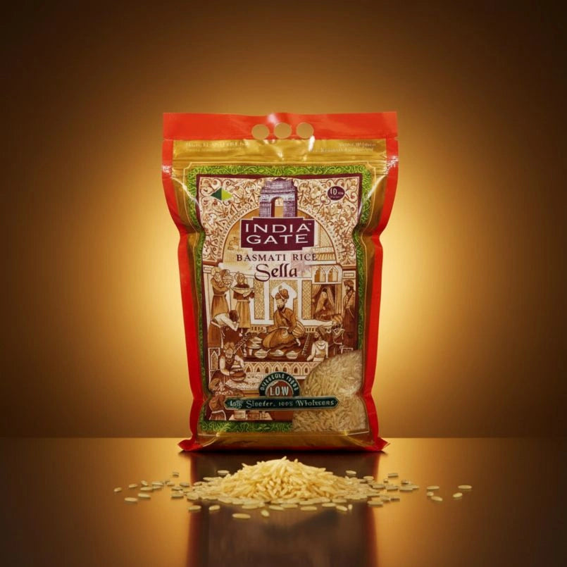 Bag of India Gate Basmati Rice on a reflective surface with a warm background