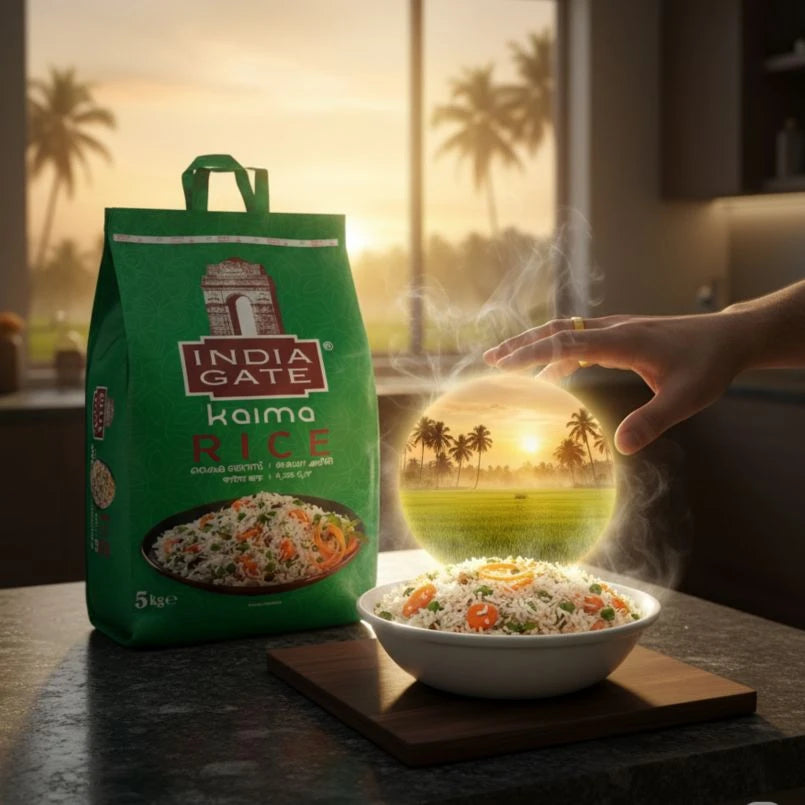 India Gate Kaima Rice bag with a bowl of rice and carrots on a table with a scenic background
