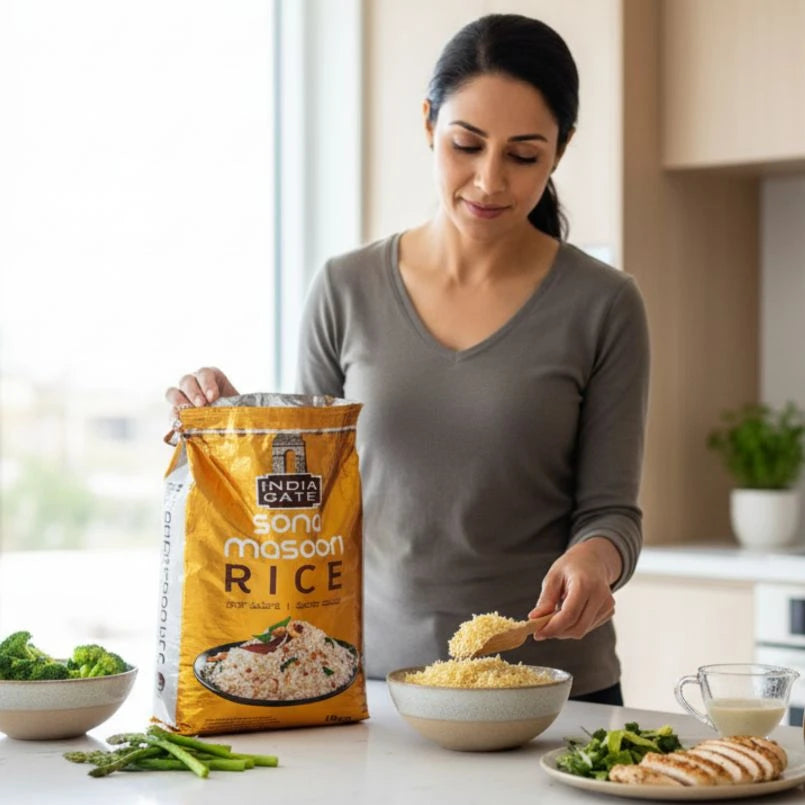 Woman in a kitchen preparing food with a bag of India Gate rice.