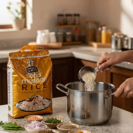 Person measuring rice from a bag into a pot in a kitchen setting