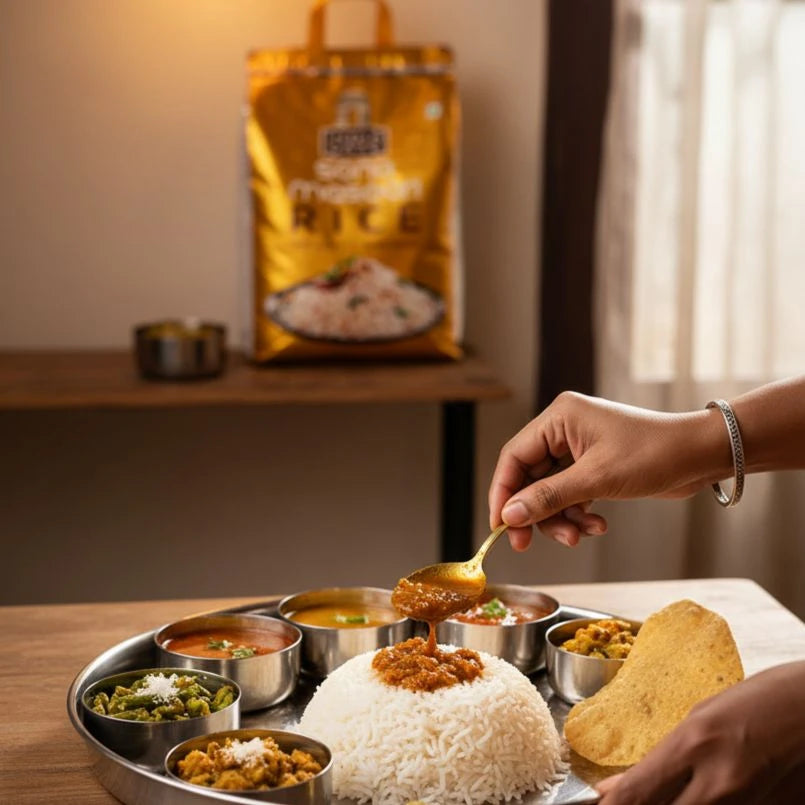 Person serving food from a platter with a bag of rice in the background