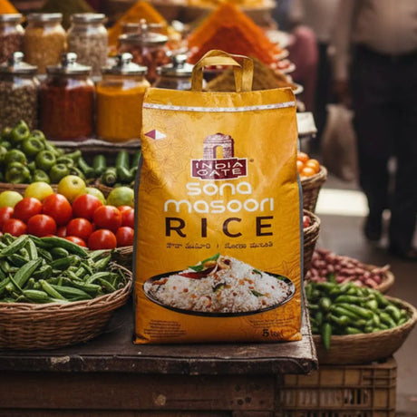 Bag of India Gate Sona Masoori Rice on a market stall with vegetables in the background