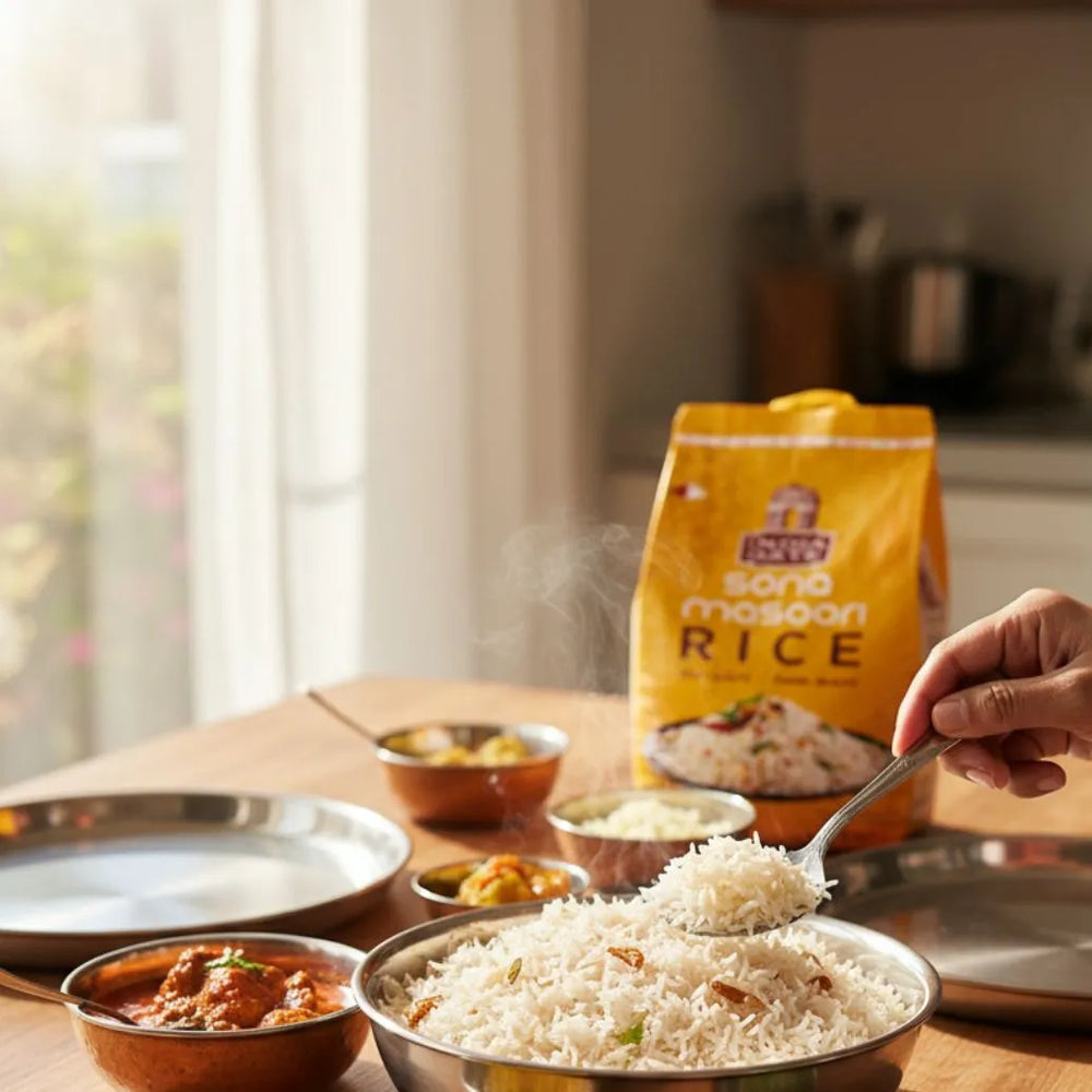 Person serving rice from a bowl with a bag of rice in the background