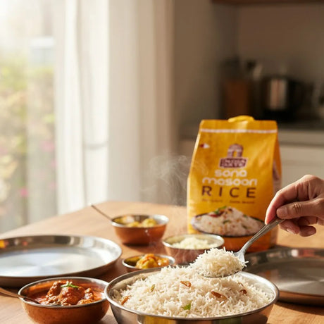 Person serving rice from a bowl with a bag of rice in the background