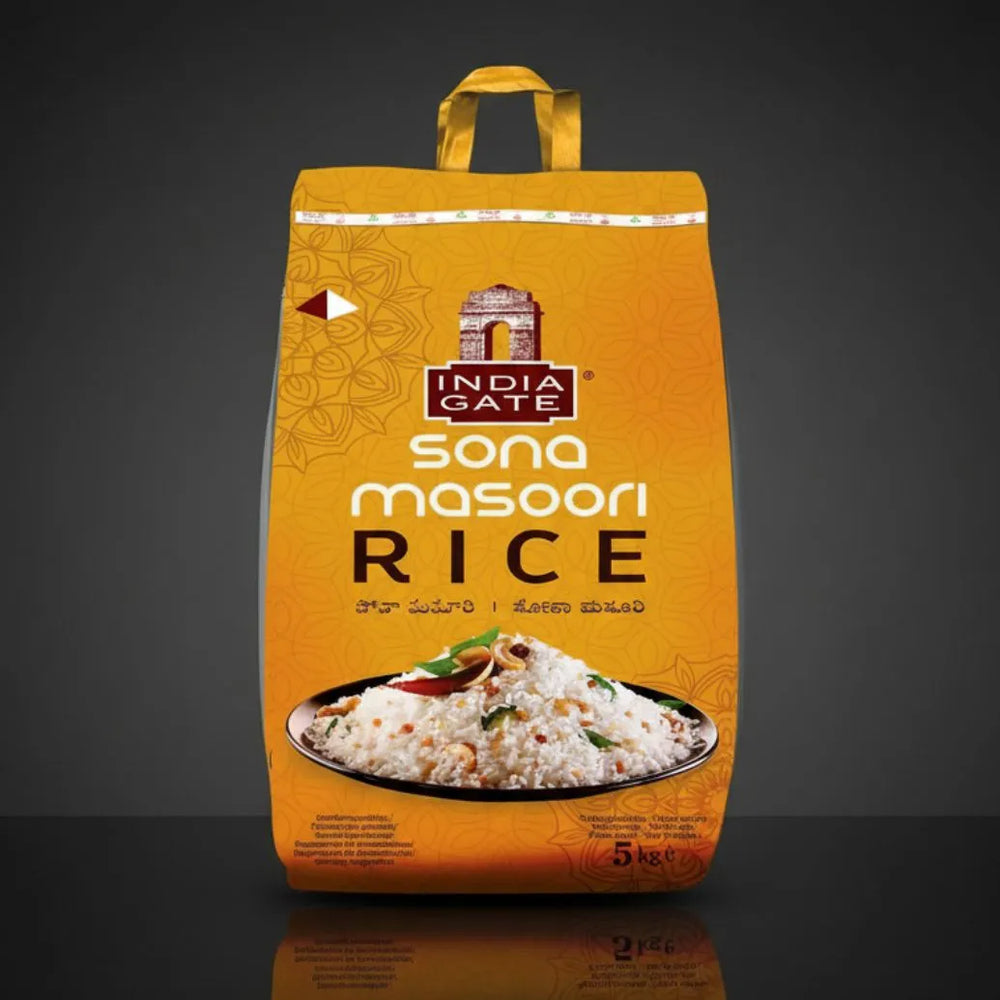 Bag of India Gate Sona Masoori Rice on a dark background
