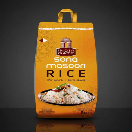 Bag of India Gate Sona Masoori Rice on a dark background