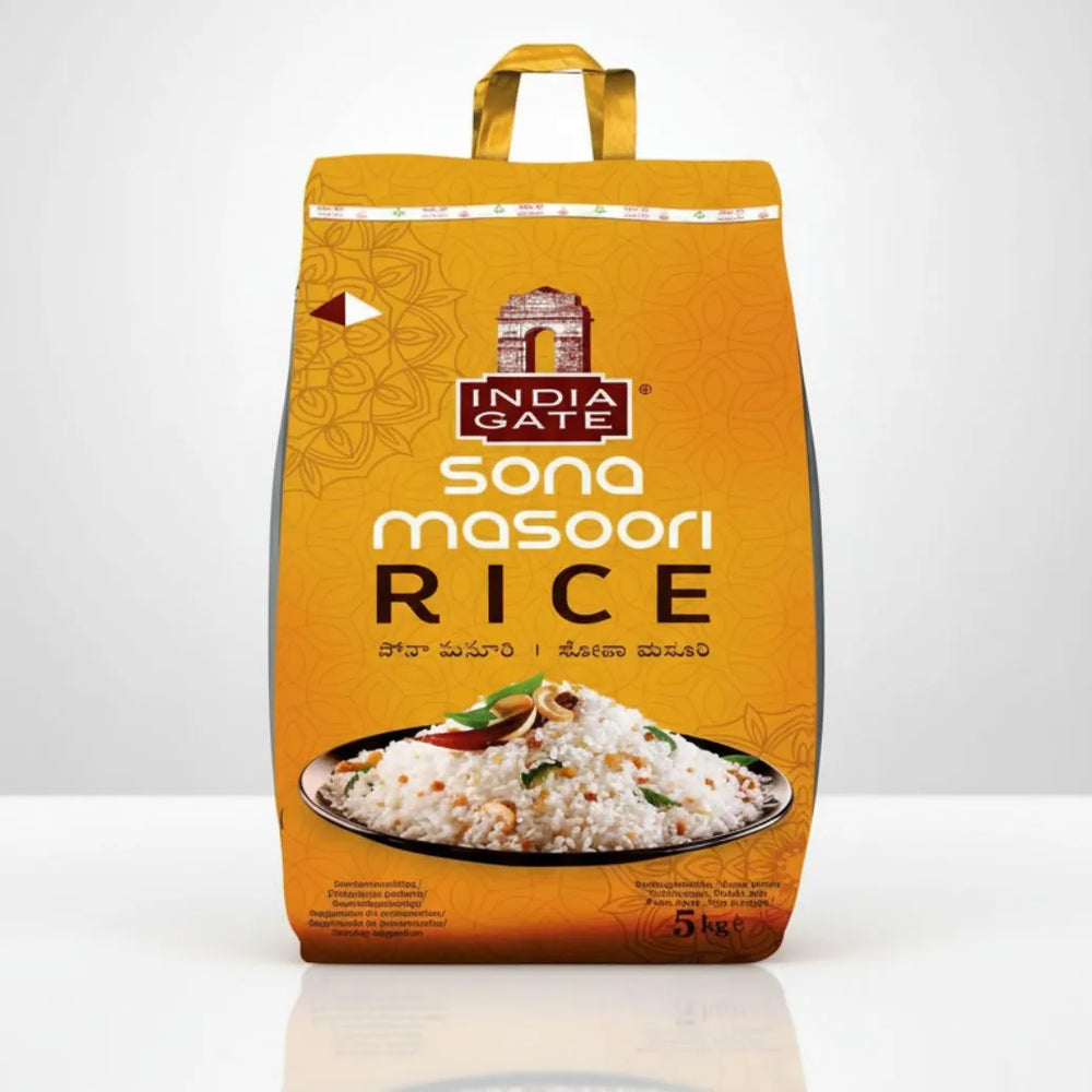 Bag of India Gate Sona Masoori Rice on a white background