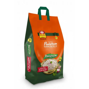 Orange and green rice bag with Pavizham branding on a white background