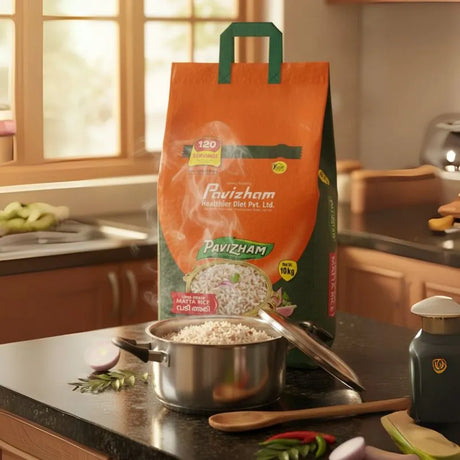 Pavizham rice bag on a kitchen counter with a pot of rice