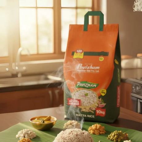 Pavizham Matta Rice bag with rice and vegetables on a table in a kitchen setting
