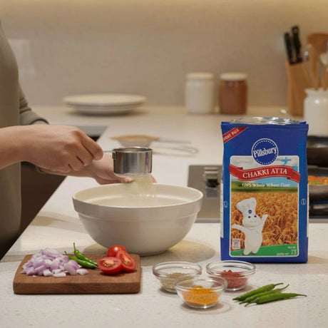 Person measuring flour into a bowl with a box of Pillsbury Chakki Atta on a kitchen counter.