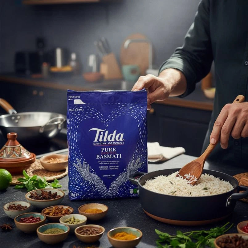 Person cooking rice with a Tilda Pure Basmati rice bag in a kitchen setting