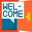 Colorful graphic with 'WELCOME' text on a geometric background